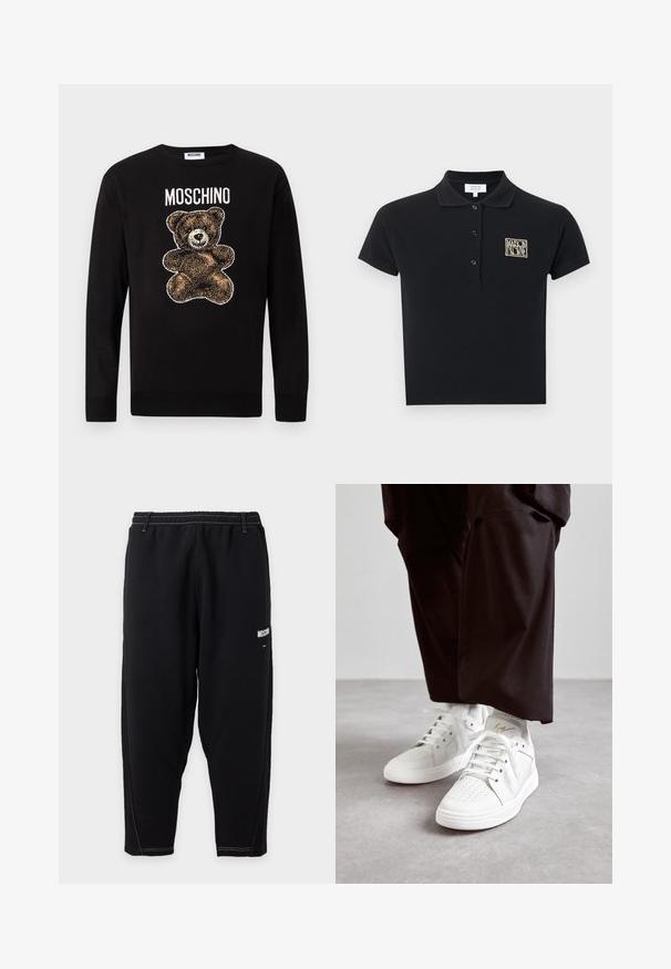 Zwart trui met lange mouwen met een grafiek van een bruine teddybeer en het woord "MOSCHINO" gedrukt boven de beer op de borst.; Zwart poloshirt met korte mouwen, drie knopen en een klein beige "Maison Kitsuné" logo op de linkerborst.; Zwarte taps toelopende joggingbroek met elastische tailleband, witte contrasterende stiksels en klein wit "Moschino" logo op het bovenbeen.; Witte hoge sneakers van soepel leer hebben een geperforeerde neus, platte witte veters en een subtiele gouden accenten op de hak.