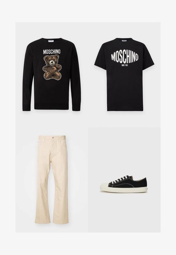 Must pikkade varrukatega kampsun, millel on pruun karupoeg ja rindkere kohal on sõna "MOSCHINO".; Mustast puuvillast T-särk, millel on suur valge "MOSCHINO" logo ja "SINCE 1983" tekst, klassikalise ümara kaelusega ja lühikeste varrukatega.; Beige puuvillased püksid, otse jalaga disainiga, kahe esitasku, vööde jaoks silmade ja metallnuppkinnitusega.; Mustad musta kangast jalatseid valge õmblusega, ümarate kummist varbakattega ja valgete paeltega. Omab tekstuurset kanga ülemist osa ja beeži tallaga.