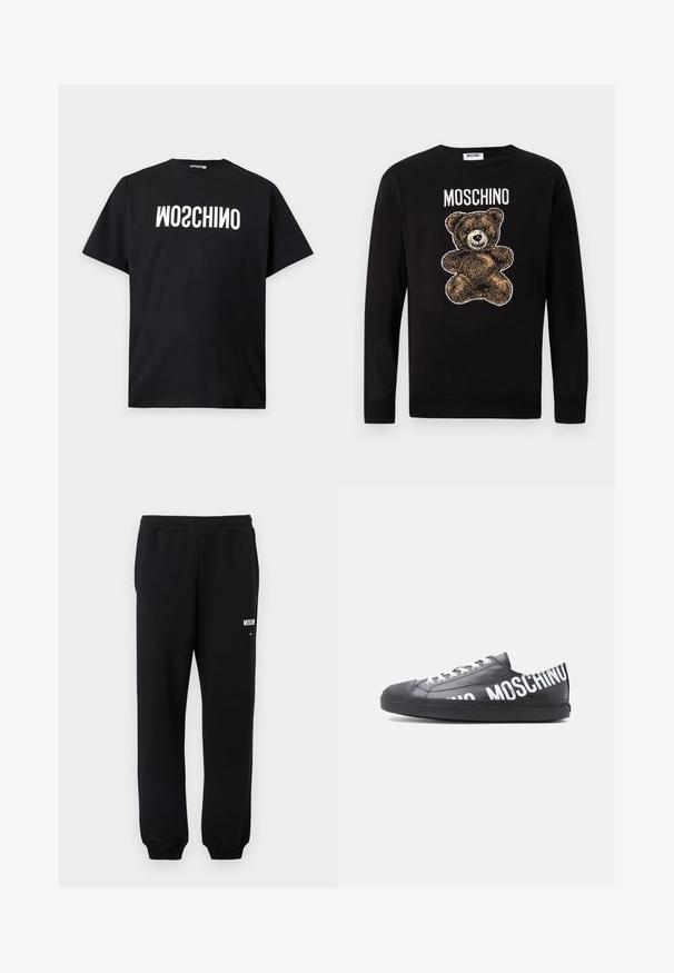 Pull noir à manches longues avec un motif d'ours en peluche marron et le mot « MOSCHINO » imprimé au-dessus de l'ours sur la poitrine.; T-shirt noir à manches courtes avec texte blanc inversé "MOSCHINO" imprimé sur la poitrine sur un fond clair uni.; Pantalon de survêtement noir avec taille et poignets élastiques, présentant un petit logo "Moschino" blanc sur la partie supérieure de la cuisse gauche.; Baskets basses noires avec des lacets blancs et "MOSCHINO" imprimé en grandes lettres blanches sur le côté et le talon.