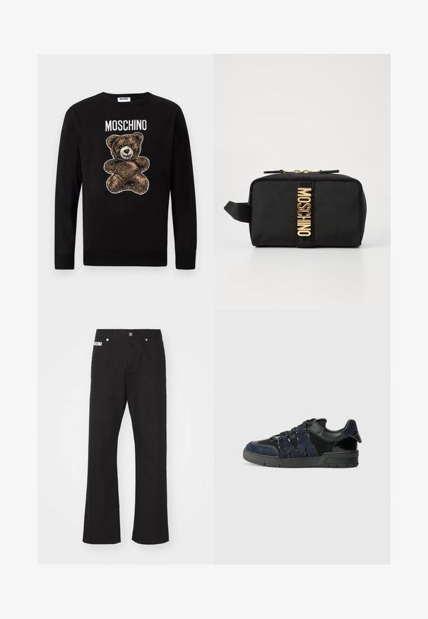 Schwarzer Langarm-Pullover mit einer braunen Teddybär-Grafik und dem Schriftzug "MOSCHINO" oberhalb des Bären auf der Brust.; Schwarze Baumwollhose mit geradem Bein, mit einem Frontknopfverschluss, zwei seitlichen Taschen und einem kleinen Markenetikett am Bund.; Schwarze und marineblaue Sneakers aus Wildleder und Mesh-Materialien, mit einer dicken Sohle und einem markanten Ausschnitt in Form eines "M"-Details an der Seite.; Schwarze kosmetische Tasche in rechteckiger Form, mit goldenem "MOSCHINO"-Logo, Reißverschluss und einer Seitenriemen für einfachen Transport.