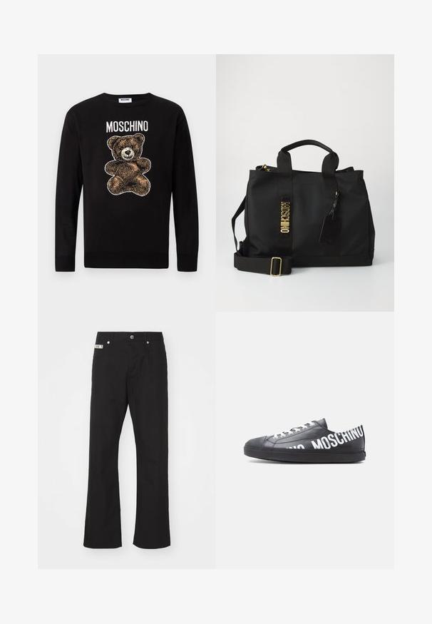 Pull noir à manches longues avec un motif d'ours en peluche marron et le mot « MOSCHINO » imprimé au-dessus de l'ours sur la poitrine.; Pantalons en coton noir avec une coupe droite, dotés d'une fermeture à bouton à l'avant, de deux poches latérales et d'une petite étiquette de marque sur la taille.; Baskets basses noires avec des lacets blancs et "MOSCHINO" imprimé en grandes lettres blanches sur le côté et le talon.; Sac tote Moschino noir avec doubles poignées, bandoulière réglable, lettrage doré pour le logo et étiquette de bagages noire attachée sur fond uni.