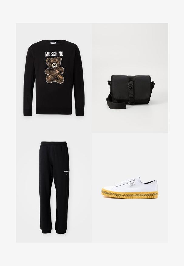 Suéter negro de manga larga con un gráfico de un oso de peluche marrón y la palabra "MOSCHINO" impresa sobre el oso en el pecho.; Pantalones de chándal negros con un corte relajado, hechos de una tela suave. Presentan una cintura elástica y el logo blanco de "Moschino" en el muslo izquierdo.; Zapatilla blanca de lona de caña baja con cordones blancos y suela amarilla diseñada para parecer una cinta métrica con marcas de talla.; Bolso cruzado negro de nailon con solapa, que cuenta con un cierre de cinta con logo prominente, correa ajustable y detalles de costura lateral.