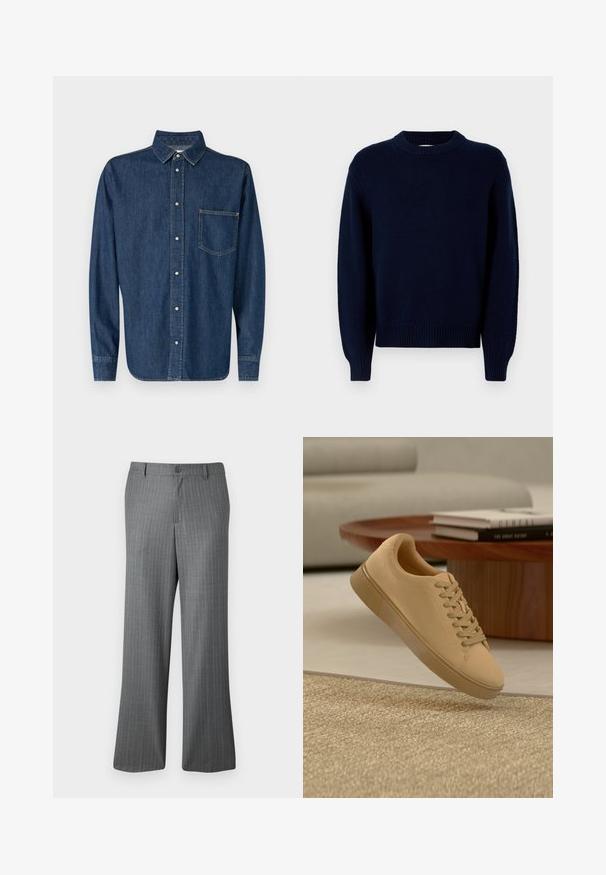 Pull en tricot bleu marine à manches longues, avec un col rond cannelé, des poignets et un ourlet, présenté sur fond blanc.; Chemise en denim bleu foncé avec des manches longues, devant à boutons et une poche poitrine unique. Présente un col classique et un ourlet droit.; Pantalons gris à rayures fines avec une coupe décontractée, dotés d'une fermeture à bouton, de passants de ceinture et de subtiles rayures bleu clair tout au long.; Baskets beiges à lacets flottant au-dessus d'un tapis texturé avec une table basse en bois et des livres empilés en arrière-plan flou.