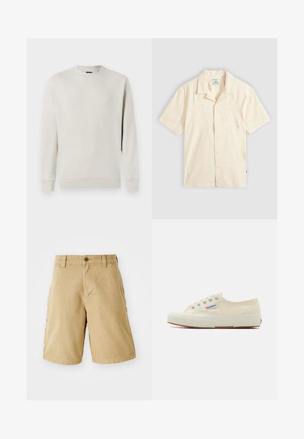 Jack & Jones PREMIUM JPRBLACHAD BRANDING CREW NECK - Pusa - beige; Lühikeste varrukatega, kreemikas nööpidega särgi esitükk, millel on peen lilleline tikand ja camp-krae, asetatud hallile taustale.; Beežid puuvillased cargo-lühikesed püksid esiküljel ja külgedel taskutega, vöölõngad ja metallnupuga sulgemine. Sirge lõike ja põlvepikkune disain.; Beež canvas-tossud madala profiiliga disainiga, metallist silmadega ja kummist tallaga. Omab tekstureeritud mustrit ja logo detaili küljel.