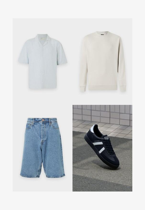 Jack & Jones PREMIUM JPRBLACHAD BRANDING CREW NECK - Sweater - beige; Korte mouw blouse met knopen in lichtblauw en witte strepen. Beschikt over een klassieke kraag en een losse pasvorm in een lichtgewicht stof.; Denim shorts in lichtblauw met een vervaagde textuur. Voorzien van een sluiting met knoop aan de voorkant, riemlussen en zijzakken. Zware stiksels als accent.; Zwarte leren sneaker met witte strepen, een gestructureerde rubberen zool en vetersluiting aan de voorkant. Voorzien van een merklabel op de tong.