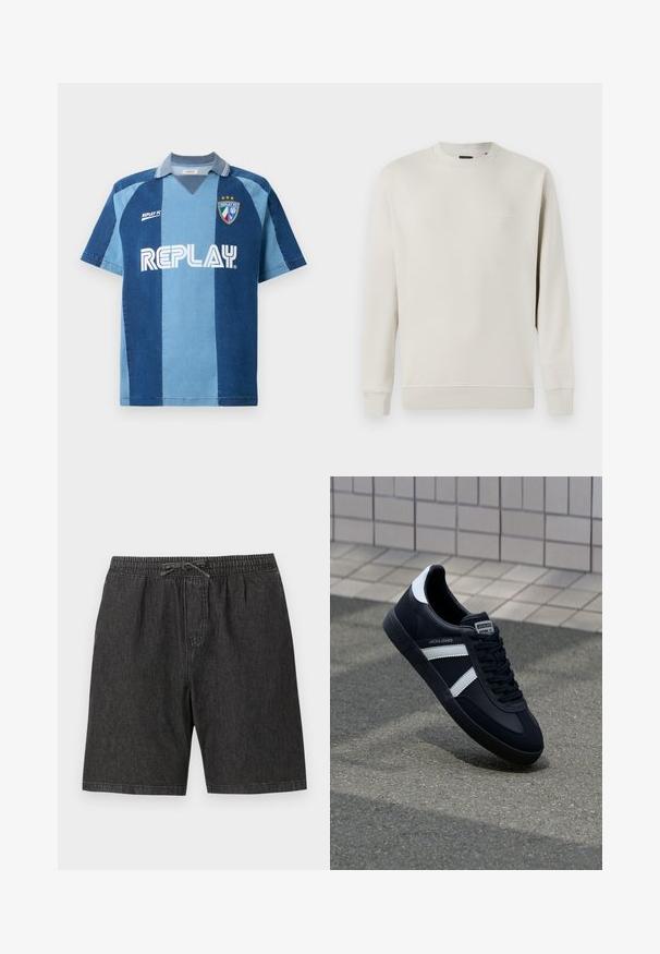 Jack & Jones PREMIUM JPRBLACHAD BRANDING CREW NECK - Mikina - beige; Jersey inšpirovaný džínsami s krátkymi rukávmi, s tmavomodrým a svetlomodrým pruhovaným dizajnom, V-krkom a výrazne vyobrazeným logom "REPLAY".; Čierne deninové šortky s elastickým pásom a nastaviteľnou šnúrkou. Obsahujú bočné vrecká a voľný, uvoľnený strih.; Čierne kožené tenisky s bielymi pruhmi, textúrovanou gumovou podrážkou a šnurovaním vpredu. Obsahujú označenie značky na jazyku.