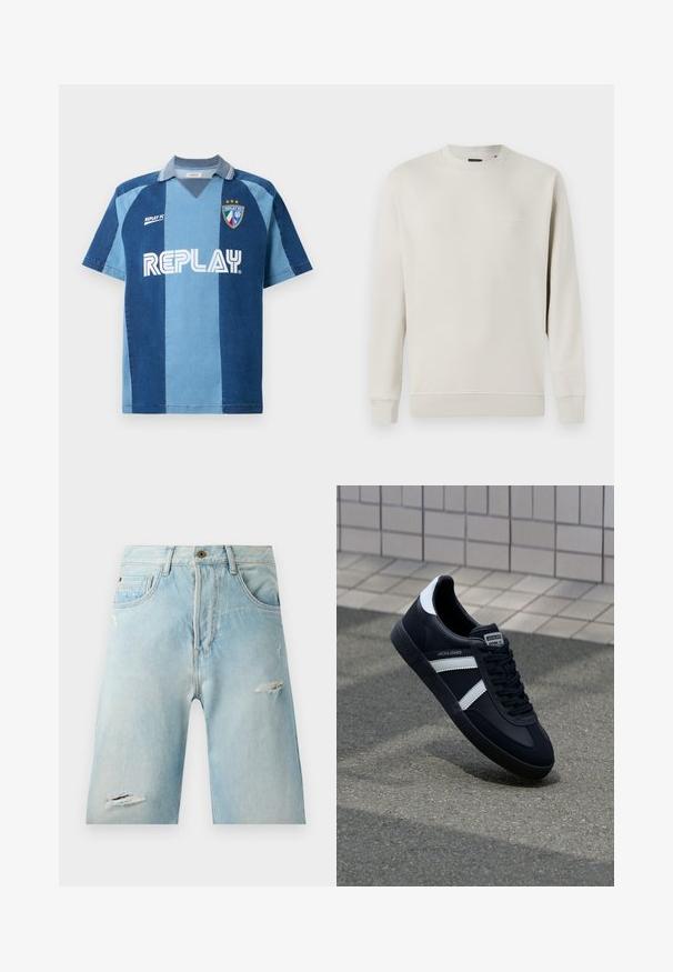 Jack & Jones PREMIUM JPRBLACHAD BRANDING CREW NECK - Sweatshirt - beige; Denim-inspireret jersey med korte ærmer, der har et mørkeblåt og lyseblåt stribet design, V-hals, og "REPLAY" logoet præsenteret tydeligt.; Lysblå denimshorts med en afslappet pasform, der har slidte detaljer, sidelommer og en enkelt knaplukning øverst.; Sort lædersneaker med hvide striber, tekstureret gummisål og snørrebånd foran. Har et brandet mærke på tungen.