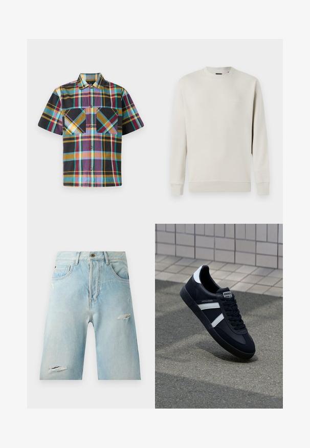 Jack & Jones PREMIUM JPRBLACHAD BRANDING CREW NECK - Sweatshirt - beige; Kurzärmeliges karriertes Hemd in einer Mischung aus Farben, darunter Lila, Schwarz, Gelb und Blaugrün, mit zwei Brusttaschen und durchgehender Knopfleiste.; Hellblaue Denim-Shorts mit einer lockeren Passform, featuring distressierte Akzente, seitliche Taschen und einen einzelnen oberen Knopfverschluss.; Schwarze Leder-Sneaker mit weißen Streifen, strukturiertem Gummisohle und Schnürung. Verfügt über ein Markenetikett auf der Zunge.