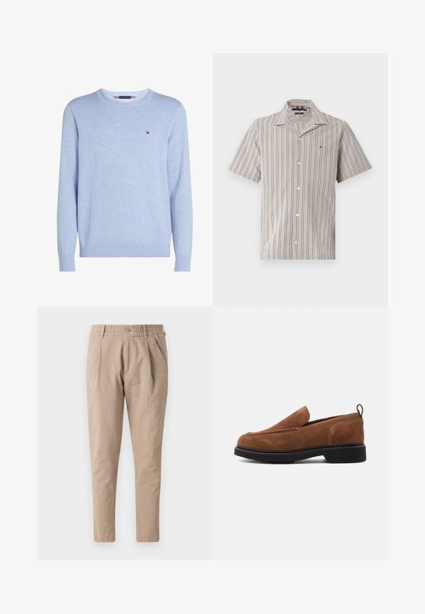 Lyseblå langærmet rundhalset sweater med ribstrikkede manchetter og kant, med lille rød, hvid og blå flaglogo på brystet.; Kortærmet skjorte med knaplukning, der har beige og marineblå lodrette striber, en klippet krave og letvægtsstof. Udsmykket med lille logo.; Beige bomuldsbukser med afslappet pasform, elastisk talje, knaplukning og sidelommer. Glat tekstur, tapered ben design.; Brune ruskind slip-on sko med rund tå, sort gummisål og en lille hæl. Har dekorativ syning på overdelen.
