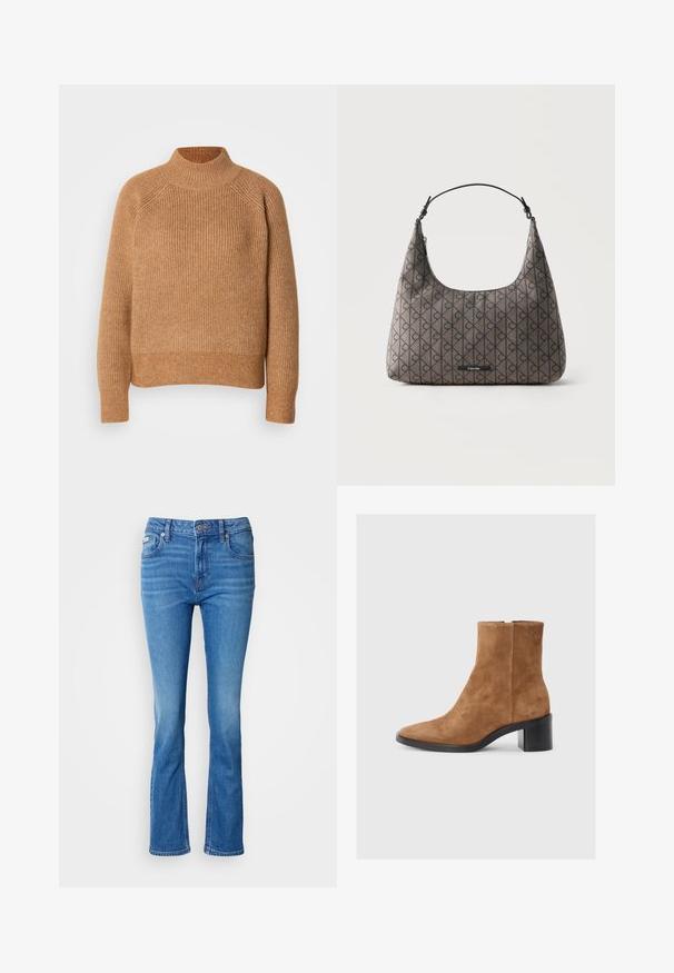 Strikket højhalset sweater i lysebrun. Har ribbet tekstur, lange ærmer og en tætsiddende nederste kant. Enkel og klassisk design.; Blå denim flared jeans med en mellemhøj talje, der har et klassisk fem-lomme design og en subtil affadet tekstur ved knæene.; Brun ruskind ankelstøvle med spids tå, mid-block hæl og subtil præget logo-detalje. Lynlås lukning langs siden.; Brun Calvin Klein skuldertaske med sort geometrisk mønster, enkelt sort rem og lynlåslukning på toppen.