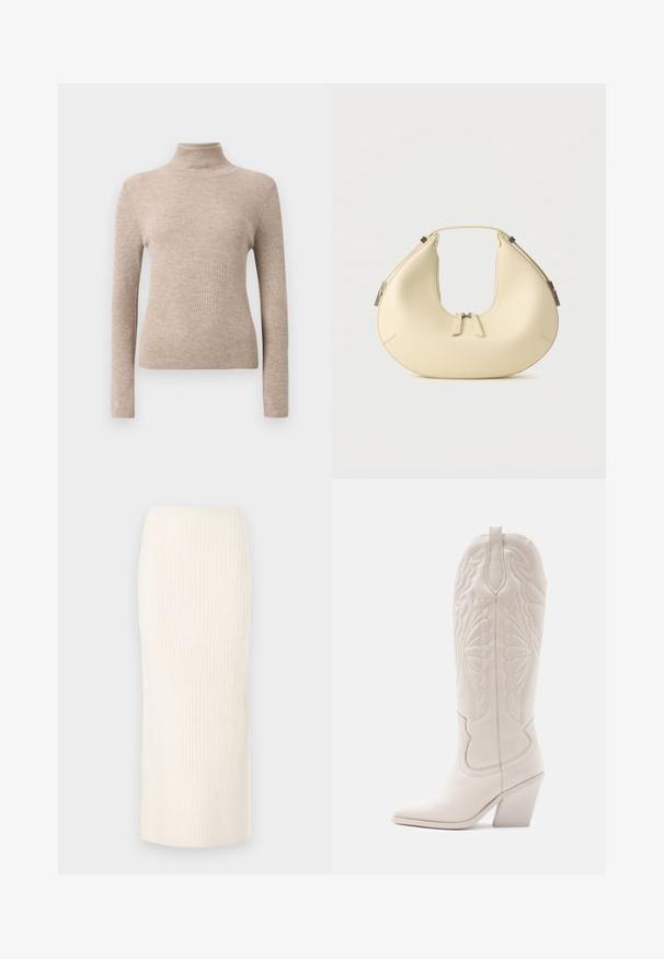 Jersey de cuello alto de manga larga de color beige con canalé, expuesto sobre un fondo blanco liso.; Falda de punto color crema hasta la rodilla con textura acanalada, que presenta un diseño ajustado y una cinturilla elástica para mayor comodidad.; Bota vaquera de cuero blanco con punta afilada y tacón bloqueado. Presenta patrones de costura intrincados en el caña y una textura suave.; Bolso beige en forma de media luna con cierre de doble cremallera y asa corta, con detalles de herrajes plateados en los lados.