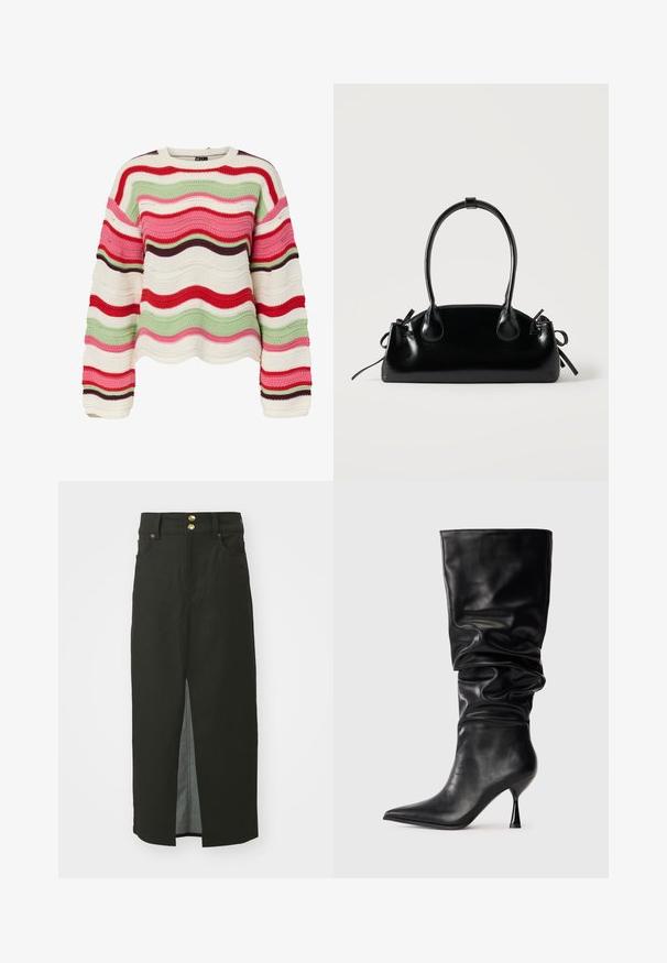 Groft strikket trøje med bølgede vandrette striber i rød, pink, grøn, creme og brun, med lange ærmer og rund halsudskæring.; Sort denimnederdel med høj talje, to guld knaplukninger, slids foran og sidelommer. Glat tekstur og knælangt design.; Sorte læderknehøje støvler med en slouchy design, spidse tæer og en tynd stiletto hæl, med en glat tekstur og minimal udsmykning.; Lille sort blank håndtaske med to lange håndtag og snøre-detaljer i siden på en ensfarvet lys baggrund.