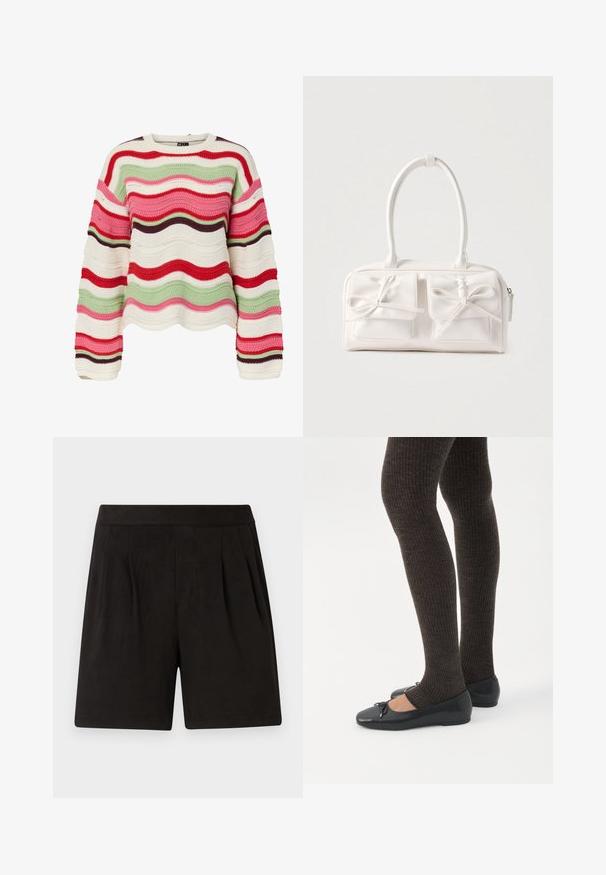 Groft strikket trøje med bølgede vandrette striber i rød, pink, grøn, creme og brun, med lange ærmer og rund halsudskæring.; Sorte shorts lavet af blødt stof, med en glat tekstur, elastisk talje og plisseret frontdesign. Enkle og udekorerede.; Ben iført mørke ribbede leggings kombineret med sorte balletsko med små sløjfedetaljer på hvid baggrund.; Hvid syntetisk håndtaske med to forlommer, hver med en bundet sløjfedetalje. Glat tekstur, afrundede håndtag og lynlås lukning.