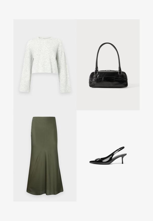 Jersey de cuello redondo tejido de color gris claro con mangas largas y puños acanalados, con un patrón texturizado suave.; Falda midi ajustada de satén color verde oliva, con un corte acampanado en el dobladillo, exhibida sobre un fondo blanco.; Tacones slingback de charol negro con punta afilada y acabado brillante. Presentan un tacón delgado y un acento redondeado en el empeine.; Bolso de mano de cuero negro con forma rectangular, equipado con un asa estructurada, herrajes en plata y cierre de cremallera. Textura suave.