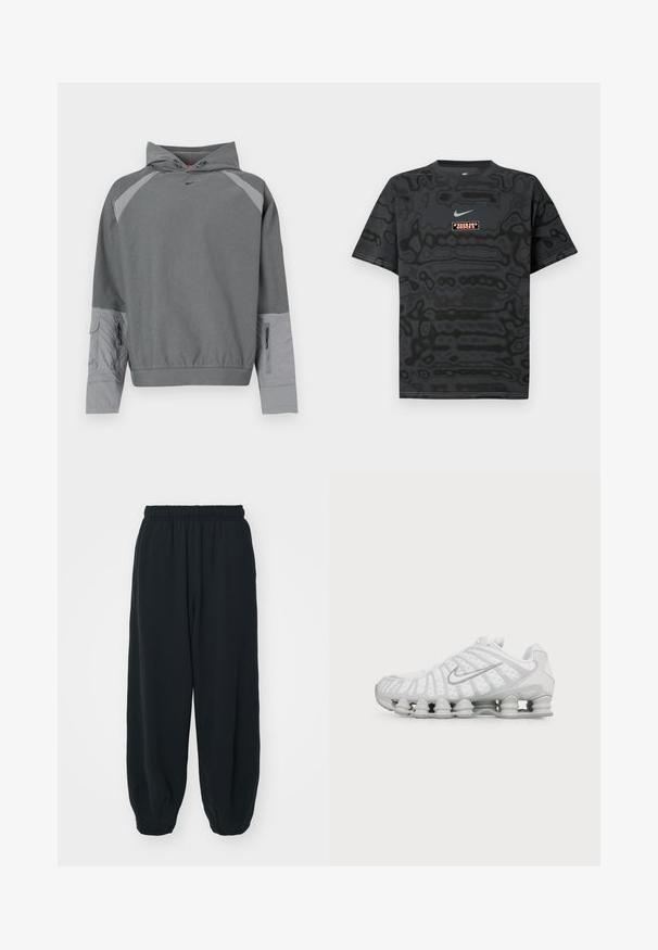 Grauer Kapuzenpullover mit strukturiertem grauem Körper, Raglanärmeln, Fronttasche und seitlichem Reißverschlusselement. Mit einem schwarzen Logo auf der Brust.; Schwarzes T-Shirt mit einem strukturierten Muster, versehen mit einem kleinen Nike-Logo in Hellblau und einem rechteckigen Logopatch in kontrastierenden Farben.; Schwarze Sweatpants mit elastischem Bund, lockerer Passform, gerippten Beinabschlüssen, glatter Textur und ohne sichtbare Muster oder Hardware-Akzente.; Weißer Nike-Sneaker mit markantem wellenförmigem Design und federnder Dämpfung in der Sohle, von der Seite auf einfarbigem Hintergrund gesehen.