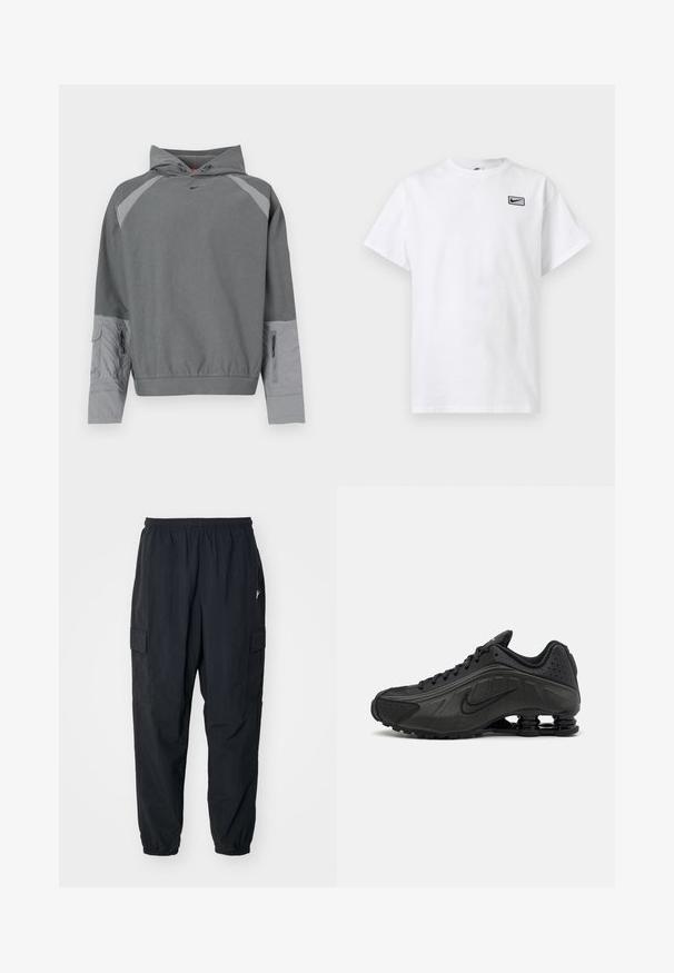 Grijze capuchontrui met een gestructureerd grijs lijfje, raglanmouwen, voorzak en een zijritsdetail. Voorzien van een zwart logo op de borst.; Wit T-shirt met korte mouwen en ronde hals, met een klein zwart Nike swoosh-logo in een rechthoek op de linkerborst.; Zwarte cargobroek van lichtgewicht materiaal, met een elastische tailleband, zijzakken en een losse pasvorm met elastische manchetten.; Zwarte hardloopschoenen met een glad bovenwerk van synthetisch materiaal, geperforeerde accenten, gestructureerde zijpanelen en een opvallende veerkrachtige zool.