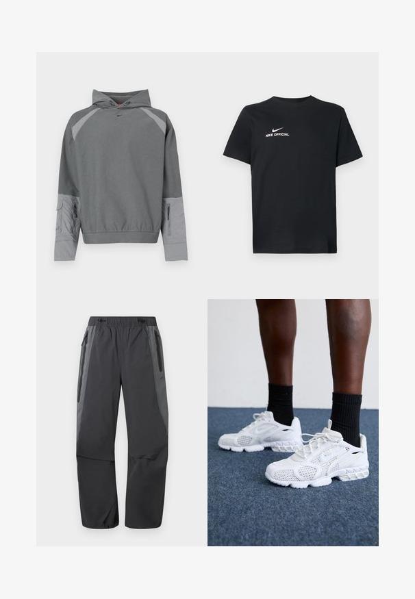 Sweat-shirt à capuche gris avec un corps texturé gris, des manches raglan, une poche frontale et un détail de fermeture éclair latérale. Présente un logo noir sur la poitrine.; T-shirt en coton noir avec un col rond. Présente un logo Nike blanc et le texte "NIKE OFFICIAL" à l'avant. Manches courtes.; Pantalon de randonnée gris foncé et noir avec taille élastique et poches latérales zippées, conçu pour les activités en plein air.; Baskets de sport blanches avec dessus en maille, accents texturés et semelle rembourrée. Associées à des chaussettes côtelées noires sur une surface en moquette bleue.