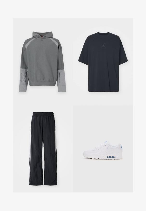 Grå hættetrøje med en tekstureret grå krop, raglanærmer, frontlomme og sidelåsdetalje. Har et sort logo på brystet.; Sort bomuld T-shirt med løs pasform, rund hals, korte ærmer, med et diskret logo og teksten "AIR" over logoet i centrum.; Sorte nylon træningsbukser med elastisk talje, der har hvide sideløsninger og en diskret logo detalje foran.; Hvid lavtop-sneaker med synlig luftpolstring, snørelukning og blå logodetaljer på hæl og tunge, vist fra siden.