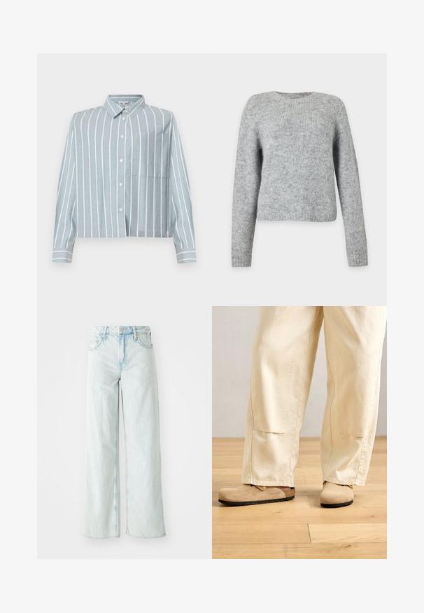 Lysegrå strikket sweater med lange ærmer og rund hals, vist på en ensfarvet hvid baggrund.; Lyseblå cropped skjorte med hvide lodrette striber, knap-front, krave og en lomme på venstre bryst. Lavet af et blødt, struktureret stof.; Lysblå, højttalende brede benjeans i denimstof. Har fem lommer og knaplukning. Slidte områder på lårene.; Beige vidde bukser iført med tan ruskinds Birkenstock klipklapper på et lyst trægulv.