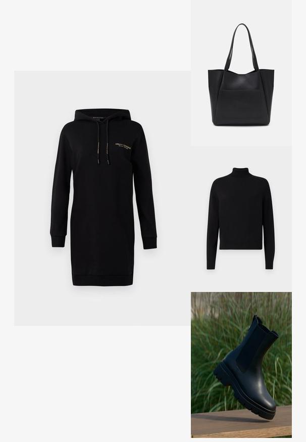 Sort turtleneck sweater med lange ærmer, ribbede manchetter og en tætsiddende kant. Blød tekstur, enkelt design og ensfarvet uden mønstre.; Sort sweatshirtkjole med hætte. Lavet af blødt materiale. Har lange ærmer, ribbede manchetter og et lille guld logo på brystet.; Sorte læderankelstøvler med et elegant design, rundet tå, elastiske sidepaneler og kraftige, teksturerede gummisåler.; Sort tote taske lavet af glat syntetisk materiale, med to lange håndtag og en frontlomme. Åben top med vinkelret design.
