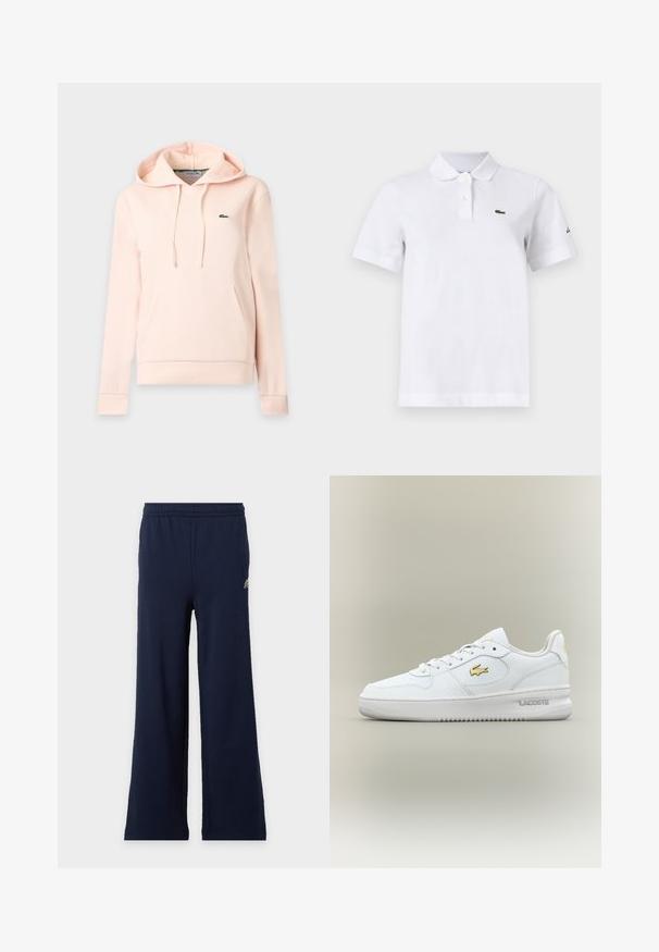 Sweat à capuche rose clair avec poche à l’avant, cordons et petit logo crocodile vert brodé sur la poitrine.; Polo blanc à manches courtes avec deux boutons, un petit logo crocodile vert sur la poitrine gauche et un logo noir discret sur la manche gauche.; Pantalon bleu marine à larges jambes avec taille élastique et petit logo en haut à gauche sur fond clair.; Baskets Lacoste basses blanches avec logo doré sur le côté, lacets blancs et semelle en caoutchouc sur un fond neutre.