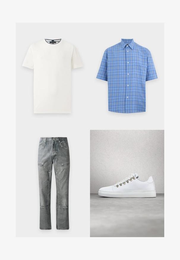 Hvid kortærmet t-shirt med tekstureret mønster, rund hals og marineblå striber langs kraven. Letvægtsstof. Casual pasform.; Blå kortærmet skjorte med knapper, spids krave og lysegultternet mønster, med en venstre brystlomme.; Grå denimjeans med lige pasform, der har frontlommer, synlige sømme og en falmet finish. Materialet har en glat overflade.; Hvide læder sneakers med en glat tekstur, udstyret med guld metal øjer, flade hvide snørebånd og en tyk hvid sål. Minimalistisk design.