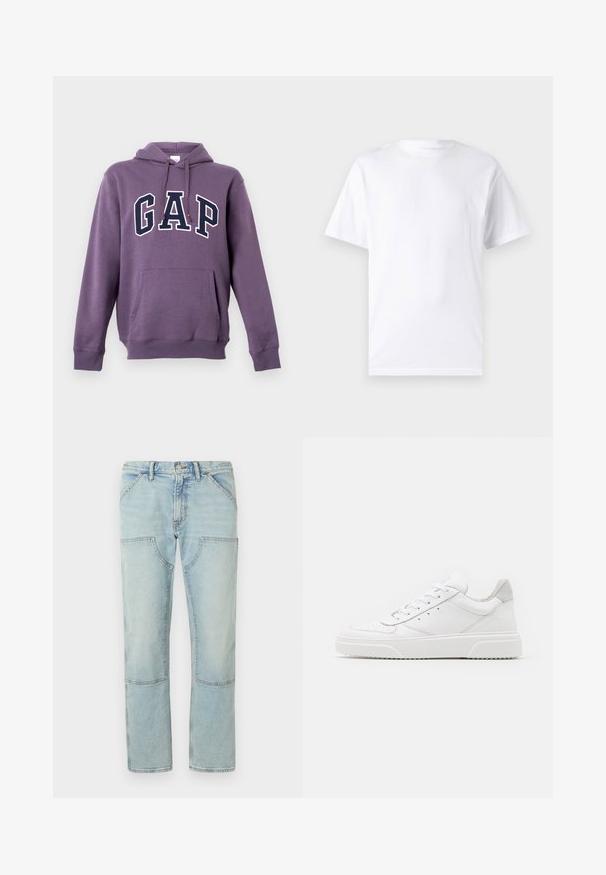 Lila Kapuzenpullover aus Baumwollmischung, mit einer Kängurutasche vorne und dem "GAP"-Logo in kontrastierendem Weiß und Navy. Kapuze mit Kordelzug.; Weißes kurzärmeliges T-Shirt aus Baumwolle mit Rundhalsausschnitt, das eine glatte Textur und ein einfaches Design ohne Muster oder Akzente aufweist.; Helle blaue Denim-Jeans mit geradem Bein, ausgestattet mit aufgesetzten Taschen und einem ausgewaschenen Finish. Knopfverschluss an der Taille, standardmäßige Gürtelschlaufen.; Weiße Leder-Sneaker mit glatter Oberfläche, rundem Zehenbereich, flachen Schnürsenkeln und strukturiertem Schuhsohlen. Graues Wildleder-Detail an der Ferse.
