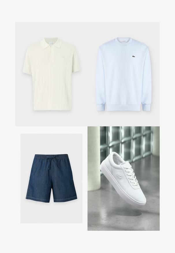 Sweat-shirt bleu clair à manches longues avec col rond, poignets et ourlet côtelés, avec un petit logo crocodile vert sur la poitrine gauche.; Lacoste Polo - naturel clair; Short en denim bleu foncé avec taille élastique et cordon de serrage à l'avant, coupe droite et surpiqûres blanches visibles le long de l'ourlet.; Baskets basses blanches avec un design à lacets et un logo crocodile en relief, positionnées au-dessus d'un sol gris poli avec un mur en blocs de verre en arrière-plan.