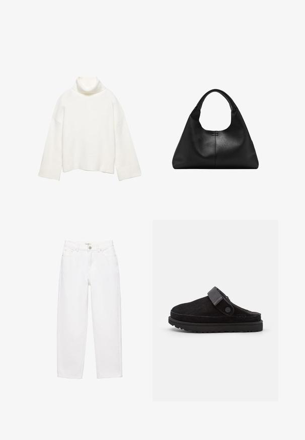 Hvid rullekrave sweater lavet af blødt stof, med en afslappet pasform, sænkede skuldre og brede ribstrikkede manchetter og kant.; Hvide straight-leg jeans lavet af denim, med frontknaplukning, fem-lomme-design og subtile syningsdetaljer.; Sorte ruskindssandaler med rund tå, blød tekstur, justerbar rem og en tyk gummisål med mønstret slidbane for godt greb.; Sort textured læderhåndtaske med bred bund og tykke, afrundede håndtag, der har en central lodret søm og subtil syningsdetalje.