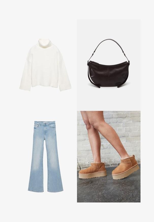 Pull à col roulé blanc en tissu doux, présentant une coupe décontractée, des épaules tombantes et des poignets et un ourlet larges côtelés.; Jean en denim bleu clair taille haute avec bouton et fermeture éclair à l'avant, cinq poches, et jambes évasées larges.; Bottines en suède marron avec une doublure en peluche, semelle épaisse en beige et une poignée à l'arrière. Surface texturée avec des détails de couture visibles.; Sac à épaule en cuir marron foncé avec une forme courbe, texture lisse et une seule sangle réglable. Doté d'une fermeture éclair.