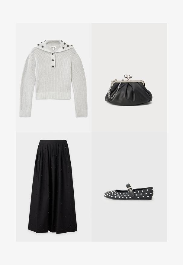 Lys grå, ribbet striktrøje med en cropped design, samlet med en knaplukning og en hætte udsmykket med blomstformede accenter.; Sort lang plisseret nederdel med spredte små sorte og sølvperledekorationer og en tætsiddende linning.; Sorte læder flade sko med rund tå, prydet med sølvnitter i et prikket mønster og en spænde rem over vristen.; Sort læder clutch med samlet tekstur, sølvfarvet metalramme, kys-lås lukning og kædestrop. Glat, blød overflade.