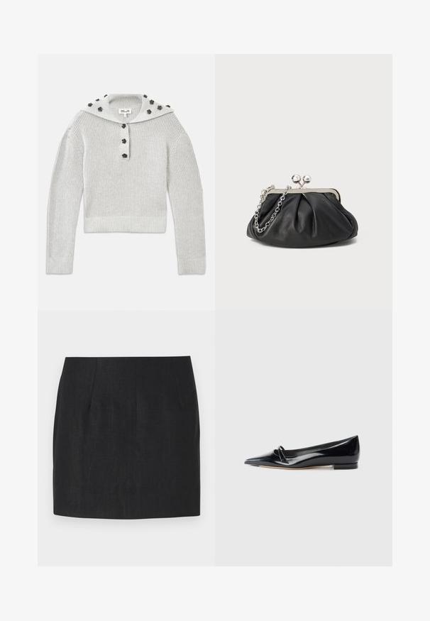 Suéter de punto acanalado en gris claro con un diseño recortado, combinado con una tapeta abotonada y una capucha adornada con acentos en forma de flores.; Falda negra con un corte entallado, con pliegues y una tela suave y texturizada. El dobladillo es recto y tiene una longitud por encima de la rodilla.; Zapato plano de charol negro con punta afilada, pequeña tira decorativa y tacón bajo. Textura suave y diseño elegante.; Clutch de cuero negro con textura arrugada, marco de metal en tono plateado, cierre de beso y cadena para colgar. Superficie suave y lisa.
