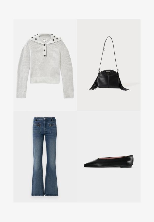Lichtgrijze, geribbelde gebreide trui met een cropped ontwerp, verbonden door een knoopsluiting en een capuchon versierd met bloemvormige accenten.; Flared blauwe denimjeans met een medium hoge taille, voorzien van voor- en achterzakken en een subtiele vervaagde was.; Zwarte leren damesschoen met platte zool, puntige neus en lage hak, zijwaarts afgebeeld tegen een effen lichtgrijze achtergrond.; Zwarte leren handtas met lange schouderriem, klein handvat aan de bovenkant en franjes aan beide zijden, getoond tegen een effen achtergrond.