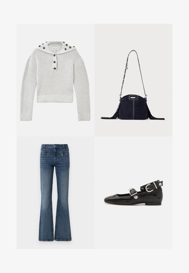 Lichtgrijze, geribbelde gebreide trui met een cropped ontwerp, verbonden door een knoopsluiting en een capuchon versierd met bloemvormige accenten.; Flared blauwe denimjeans met een medium hoge taille, voorzien van voor- en achterzakken en een subtiele vervaagde was.; Zwarte gepatineerde leren platte schoen met een vierkante neus, enkelband met zilverkleurige hardware en platte zool. Gladde textuur met minimalistisch ontwerp.; Donkerblauwe suède handtas met witte stiksels, een uitgesneden handvat, een patroon schouderriem en lange franjes aan beide zijden.