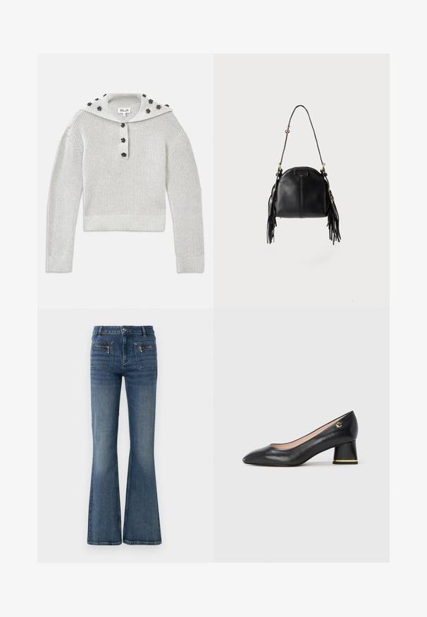 Lys grå, ribbet striktrøje med en cropped design, samlet med en knaplukning og en hætte udsmykket med blomstformede accenter.; Blå denim jeans med flare ben og en middelhøj talje, med for- og baglommer samt en subtil falmet vask.; Sort læderpumpe med spids tå, rundet blokhæl med gulddetalje og glat tekstur. Foret inderside. Simpelt design.; Sort læderhåndtaske med en buet form, lang justerbar rem og frynser på begge sider mod en lys baggrund.