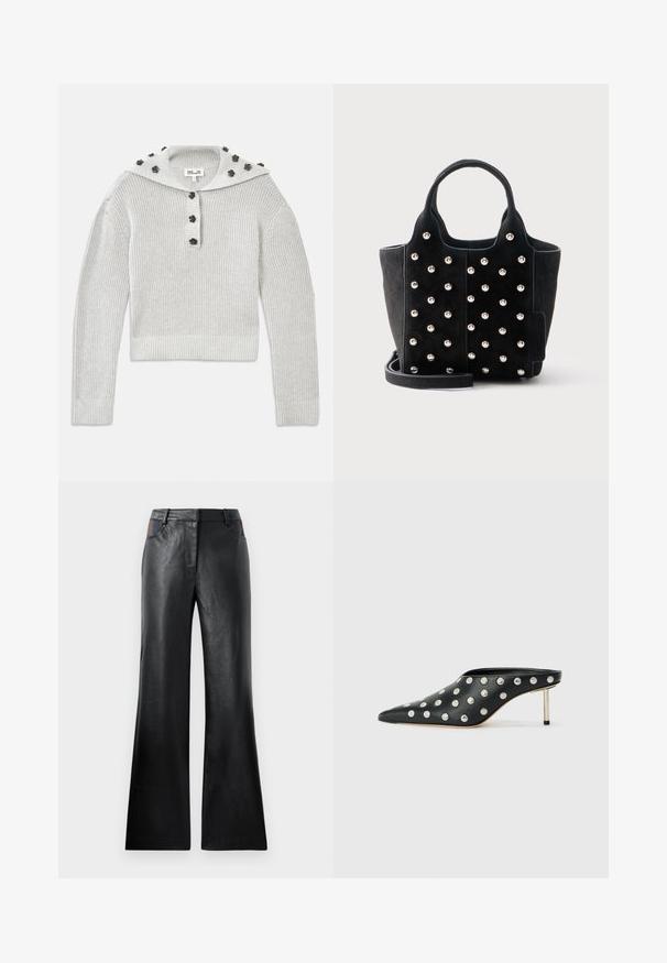 Pull gris clair en tricot côtelé avec une coupe courte, agrémenté d'une patte de boutonnage et d'une capuche ornée d'accents en forme de fleurs.; Pantalon évasé en cuir noir avec une texture lisse, comportant deux poches avant avec des accents noirs et marron près de la taille.; STAND STUDIO KELSEY - Mules à talons - black; Sac à main en daim noir avec des clous ronds argentés, deux poignées courtes et une bandoulière amovible sur fond blanc.