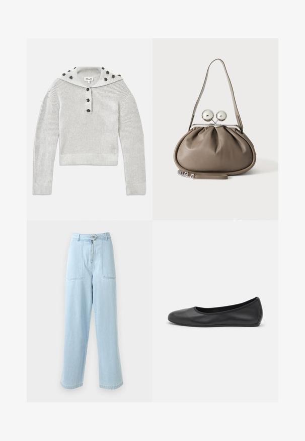 Pull gris clair en tricot côtelé avec une coupe courte, agrémenté d'une patte de boutonnage et d'une capuche ornée d'accents en forme de fleurs.; Jean large bleu clair à taille haute, comportant deux poches avant, une fermeture éclair et un bouton. Fabriqué en tissu en denim.; Ballerines en cuir noir avec un bout rond, texture lisse, détails de couture minimalistes et design de semelle flexible.; Sac à main en cuir gris de forme arrondie, fermeture supérieure avec deux grandes sphères argentées, et une seule anse.