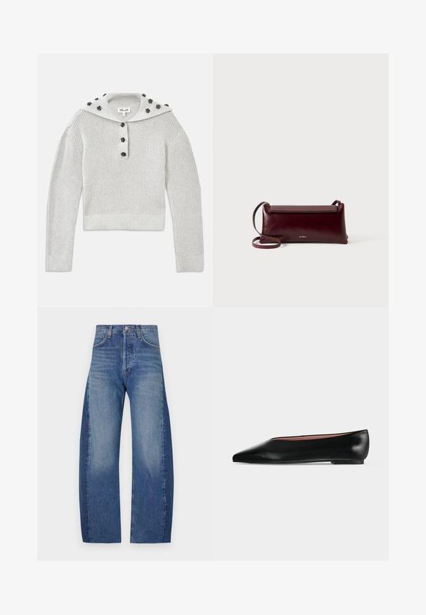 Lys grå, ribbet striktrøje med en cropped design, samlet med en knaplukning og en hætte udsmykket med blomstformede accenter.; Denimjeans i en lys til mørk blå gradient, med et afslappet, bredt benfit, fem-lomme design og synlige syninger.; Sort damesko i læder med flad hæl og spids tå, vist fra siden på en ensfarvet lys grå baggrund.; Bordeaux læder crossbody taske med en glat tekstur, rektangulær form, flaplukning og en tynd justerbar rem. Guldlogo detalje synlig.
