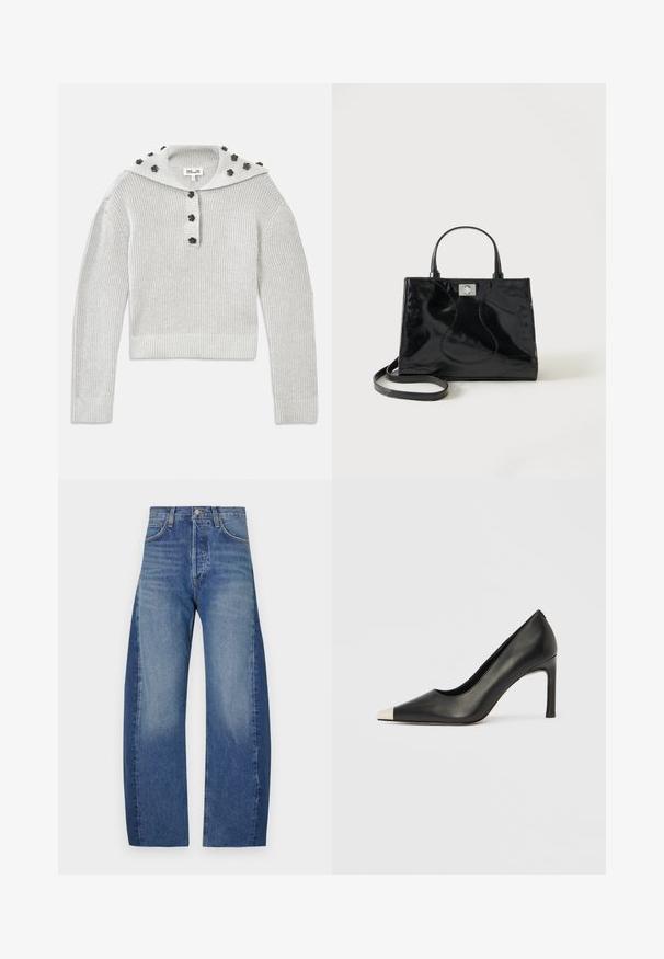 Lys grå, ribbet striktrøje med en cropped design, samlet med en knaplukning og en hætte udsmykket med blomstformede accenter.; Denimjeans i en lys til mørk blå gradient, med et afslappet, bredt benfit, fem-lomme design og synlige syninger.; Sort læder højhælet sko med spids tå og metal-sølv hætte. Har en glat finish og en slank hæl på 10 cm.; Sort håndtaske i laklæder med afrundede håndtag, aftagelig skulderrem og sølvspænde på ensartet hvid baggrund.