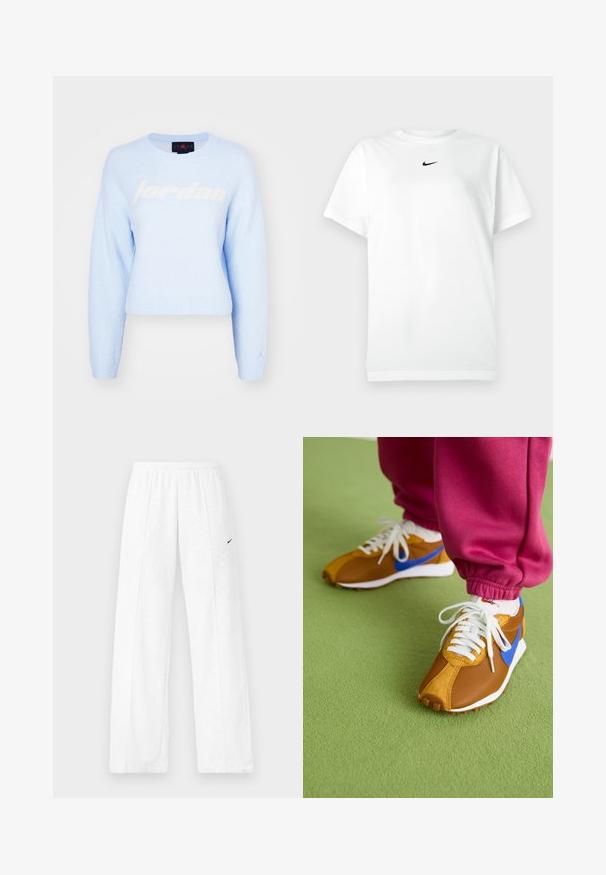 Lichtblauwe, cropped sweater van zacht, gewoven stof. Heeft een groot wit "jordan" logo aan de voorkant en een klein logo op de mouw.; Witte korte mouwen crew neck T-shirt met een klein zwart Nike swoosh-logo gecentreerd onder de ronde hals.; Witte sweatpants met elastische tailleband en zwarte Nike-swoosh op de linker dij, afgebeeld tegen een effen achtergrond.; Bruine en blauwe sneakers gemaakt van een mix van mesh en suede materialen, voorzien van witte veters en een getextureerde bruine zool, gepositioneerd op een groene vloer.
