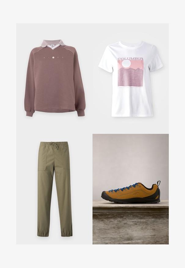 Brun sweatshirt med en hvid polo-krave, der har et v-formet design, lange ærmer og Nike-logo på fronten. Glat tekstur.; Hvid bomulds T-shirt med en pink bjerggrafik, en sol og teksten "COLUMBIA" samt "ALWAYS OUTSIDE | PACIFIC NORTHWEST."; Olivengrønne bukser lavet af et glat stof med elastisk taljebånd, justerbar snor og elastiske manchetter ved anklerne.; Brun ruskind udendørs sko med blå snørebånd, sort gummisål og et strømlinet design. Har en bageste pull-tab for nem påtagning.