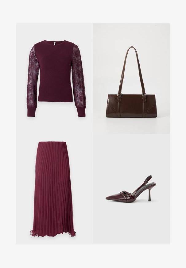 Pull en tricot bordeaux avec de longues manches en dentelle transparente. Texture côtelée aux poignets et sur le corps, avec un col rond classique.; Jupe plissée longue bordeaux en tissu léger avec une taille élastique et un ourlet légèrement ondulé. Plis verticaux texturés sur toute la surface.; Escarpin slingback en cuir verni bordeaux avec bout pointu, fine bride à la cheville et petit détail décoratif de boucle. Texture lisse et talon haut.; Sac à main en cuir verni marron de forme rectangulaire, avec deux longues poignées et des accents courbés subtils à l'avant.