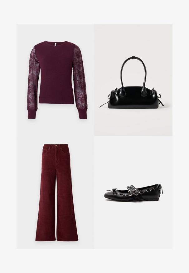 Bordeaux gebreide trui met lange doorschijnende kanten mouwen. Geribbelde textuur bij de manchetten en het lichaam, met een klassieke ronde halslijn.; Burgundy wijde corduroy broek met hoge taille, voorzakken en een knoopsluiting. Geweven ribstof over de gehele lengte.; Zwarte platte balletschoen met dubbele gespsluitingen, zilveren oogjes en een klein strikje nabij de afgeronde neus op een witte achtergrond.; Kleine zwarte glanzende handtas met twee lange hengsels en zijkant trekkoord details op een effen lichte achtergrond.