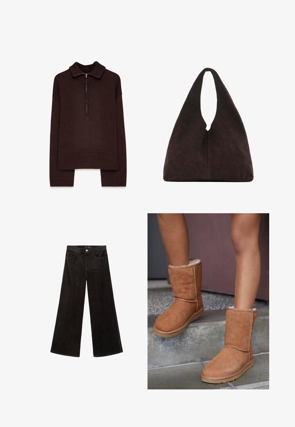 Pull en maille marron avec un col montant zippé, un ourlet et des poignets côtelés, et une coupe décontractée. Motif texturé sur l'ensemble du tissu.; Pantalons en velours côtelé noirs à jambes larges avec une taille haute, poches avant, et un tissu texturé, dotés d'une fermeture à bouton et de passants de ceinture.; Bottines en suede marron, à bout rond, avec une doublure douce et une semelle en caoutchouc, présentant des détails de couture visibles le long des coutures.; Sac à bandoulière triangulaire marron foncé doux avec une poignée large unique en haut et une texture de surface lisse.