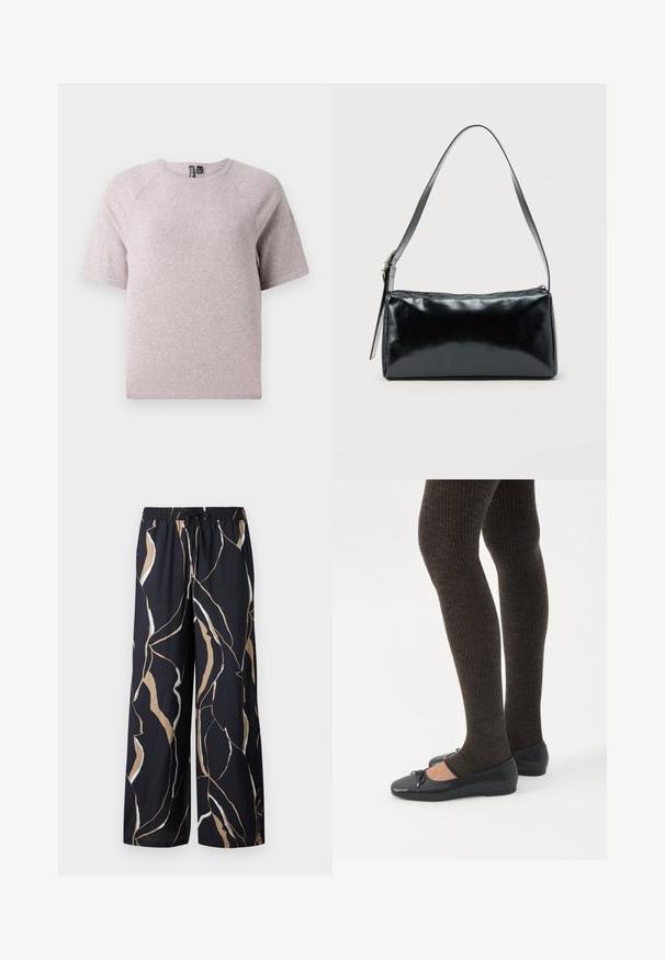 Lys beige kortærmet t-shirt lavet af blødt, struktureret stof med runde udskæring og raglanærmer.; Bredde ben bukser i et mørkt navy stof, med et dristigt abstrakt mønster i beige og hvid. Elastisk talje med snøre.; Ben iført mørke ribbede leggings kombineret med sorte balletsko med små sløjfedetaljer på hvid baggrund.; Sort rektangulær skuldertaske med en enkelt justerbar rem og lynlås i toppen på en ensfarvet baggrund.