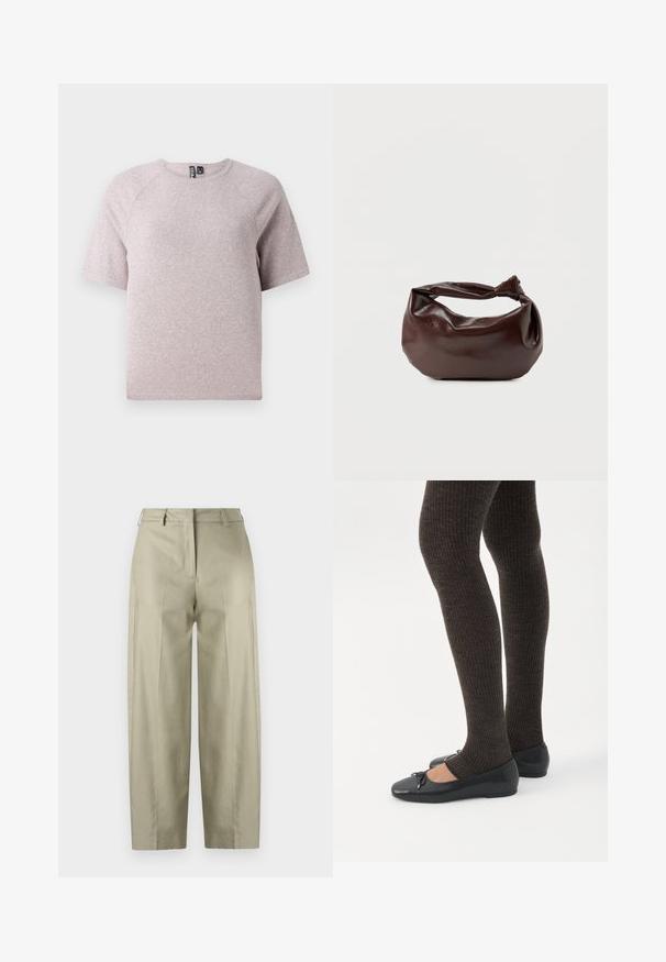 Lichtbeige t-shirt met korte mouwen, gemaakt van zachte, gestructureerde stof, met een ronde halslijn en raglanmouwen.; Beige, wijde broek gemaakt van een gladde stof. Heeft plooien, een rits en riemlussen. Rechte snit van taille tot zoom.; Benen met donkere geribbelde leggings gecombineerd met zwarte ballerina's met kleine strikdetails op een witte achtergrond.; Donkerbruine leren schoudertas met een zachte, slungelige vorm en een gedraaide knoopvormige handgreep op een effen witte achtergrond.