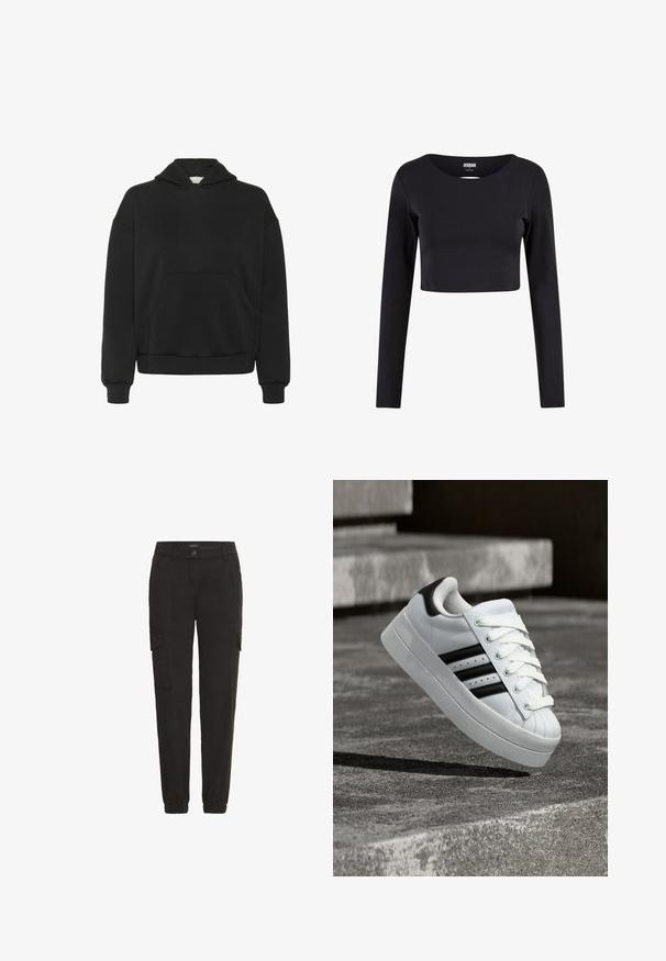 Sort langærmet hoodie med frontlomme og ribbede manchetter, vist på en ensfarvet hvid baggrund.; Sort cropped langærmet top lavet af strækstof. Har en rund halsudskæring og tætsiddende silhuet. Simpelt design uden mønstre eller accenter.; Sorte cargo-bukser lavet af letvægtsstof, med elastisk talje, sidelommer og en afslappet pasform.; Hvid sneaker med sorte striber og snørebånd svævende over betontrapper, der viser siden og fronten af skoen.