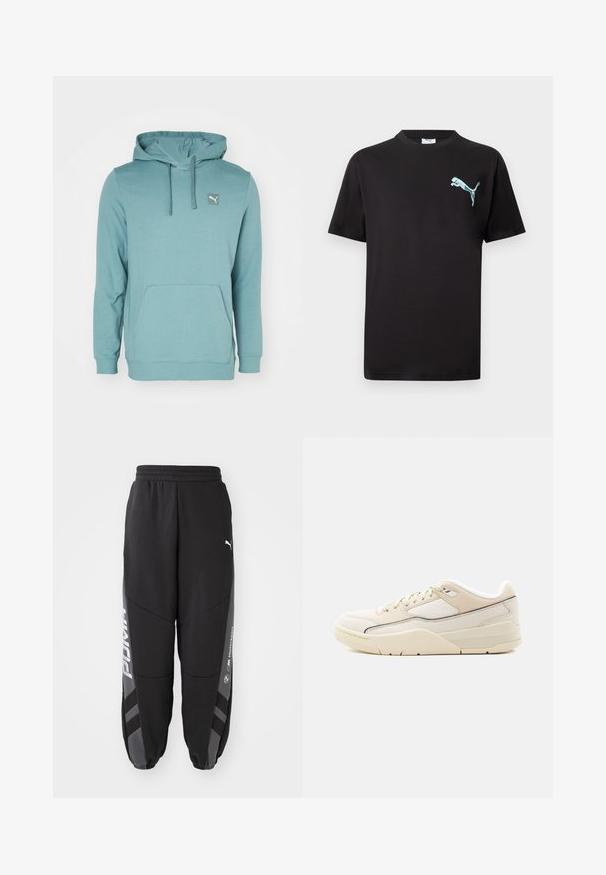 Türkise Kapuzenjacke aus weichem Stoff, mit einer Kängurutasche und einem kleinen Logo-Patch auf der oberen linken Seite.; Schwarzes kurzärmliges T-Shirt mit kleinem hellblauem Puma-Logo auf der linken Brust vor weißem Hintergrund.; Schwarze Jogginghosen aus weichem Material. Mit elastischem Bund, schmal zulaufenden Beinen, grauen Akzenten und weißen Logos an den Seiten.; Niedriger Sneaker in Cremefarbe mit beigen Akzenten, Schnürverschluss, gepolstertem Kragen und strukturierter Sohle vor hellem, einfarbigem Hintergrund.