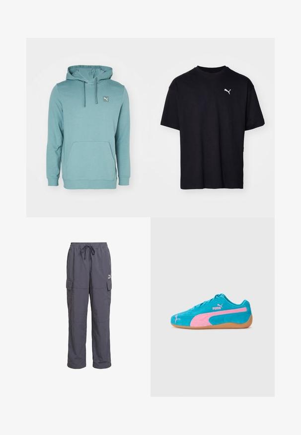 Teal capuchontrui gemaakt van zachte stof, met een kangoeroezak en een klein logo-opdruk op de bovenlinkerzijde.; Zwarte katoenen t-shirt met korte mouwen, ronde halslijn en een wit Puma-logo op de bovenste linkerborst. Klassieke pasvorm, soepele textuur.; Donkergrijze loszittende cargobroek met elastische tailleband, trekkoord en klepzakken aan de zijkanten, met een Puma-logo op de rechterdij.; Suede sneakers in helderblauw met roze accenten en een gumrubberen zool. Beschikt over een vetersluiting en geborduurd logo detail.