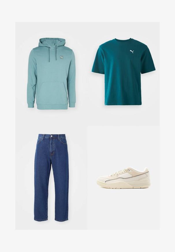 Tyrkist hættebluse lavet af blødt stof, med en kengurulomme og et lille logo-patch på øverste venstre side.; Teal bomulds t-shirt med korte ærmer, rund hals og et hvidt Puma-logo på venstre bryst; glat tekstur og regular fit.; Høj taljede blå jeans i denim, med lige ben silhuet, synlige stikninger og en frontknaplukning.; Lavtopet sneaker i cremefarve med beige accenter, snørelukning, polstret krave og tekstureret sål på en ensartet lys baggrund.